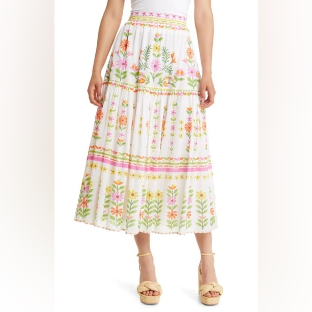new Banjanan Agatha cotton tiered floral print midi skirt in print: Summer